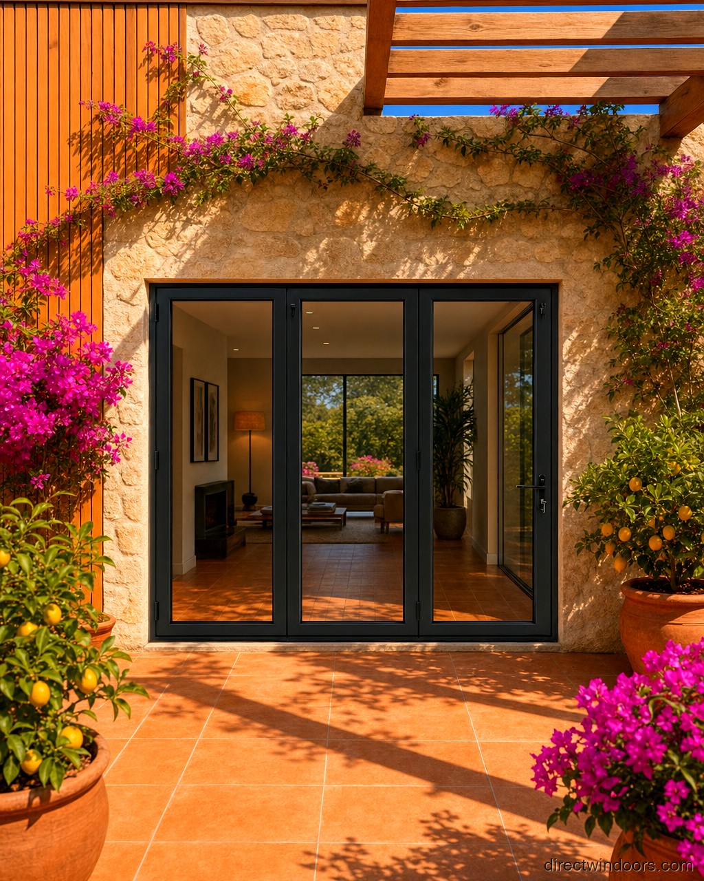 108 inch by 80 inch black aluminum bifold door, left folding, closed. Room setting shown is illustrative.