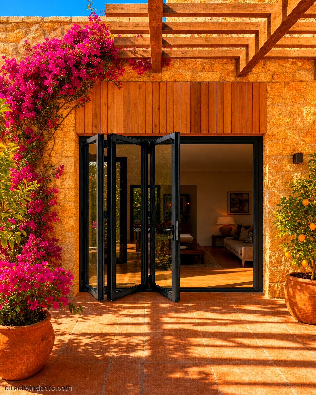 108 inch by 80 inch black aluminum bifold door, left folding, half open. Room setting shown is illustrative.