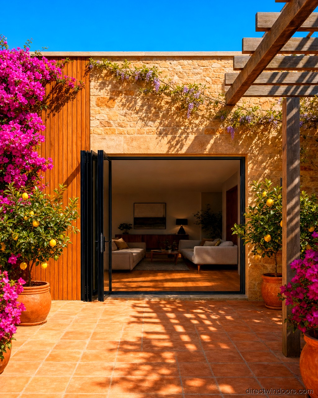108 inch by 80 inch black aluminum bifold door, left folding, fully open. Room setting shown is illustrative.