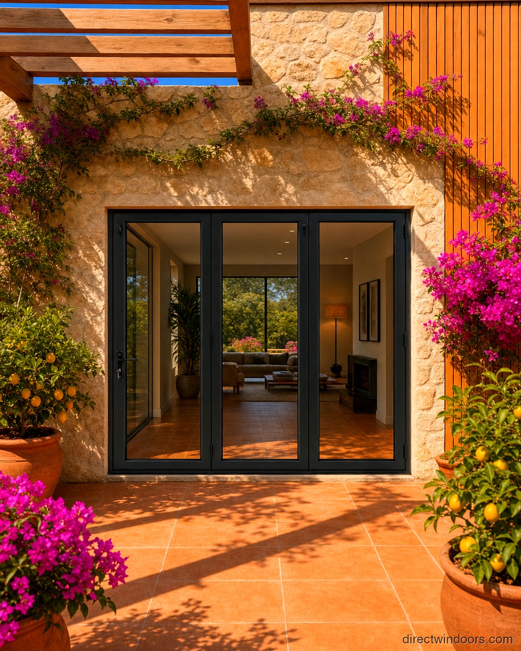 108 inch by 80 inch black aluminum bifold door, right folding, closed. Room setting shown is illustrative.