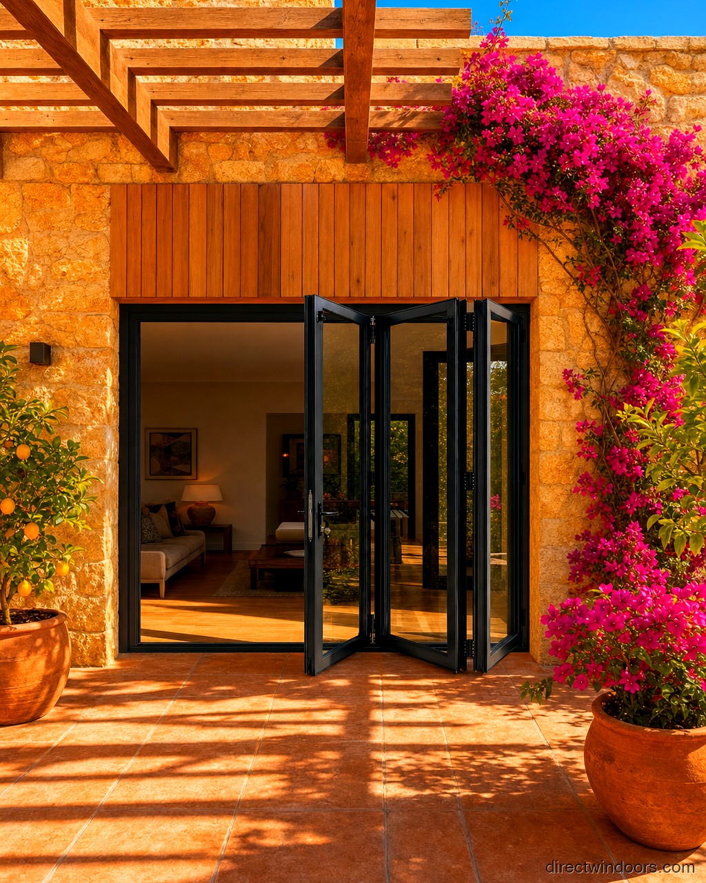 108 inch by 80 inch black aluminum bifold door, right folding, half open. Room setting shown is illustrative.
