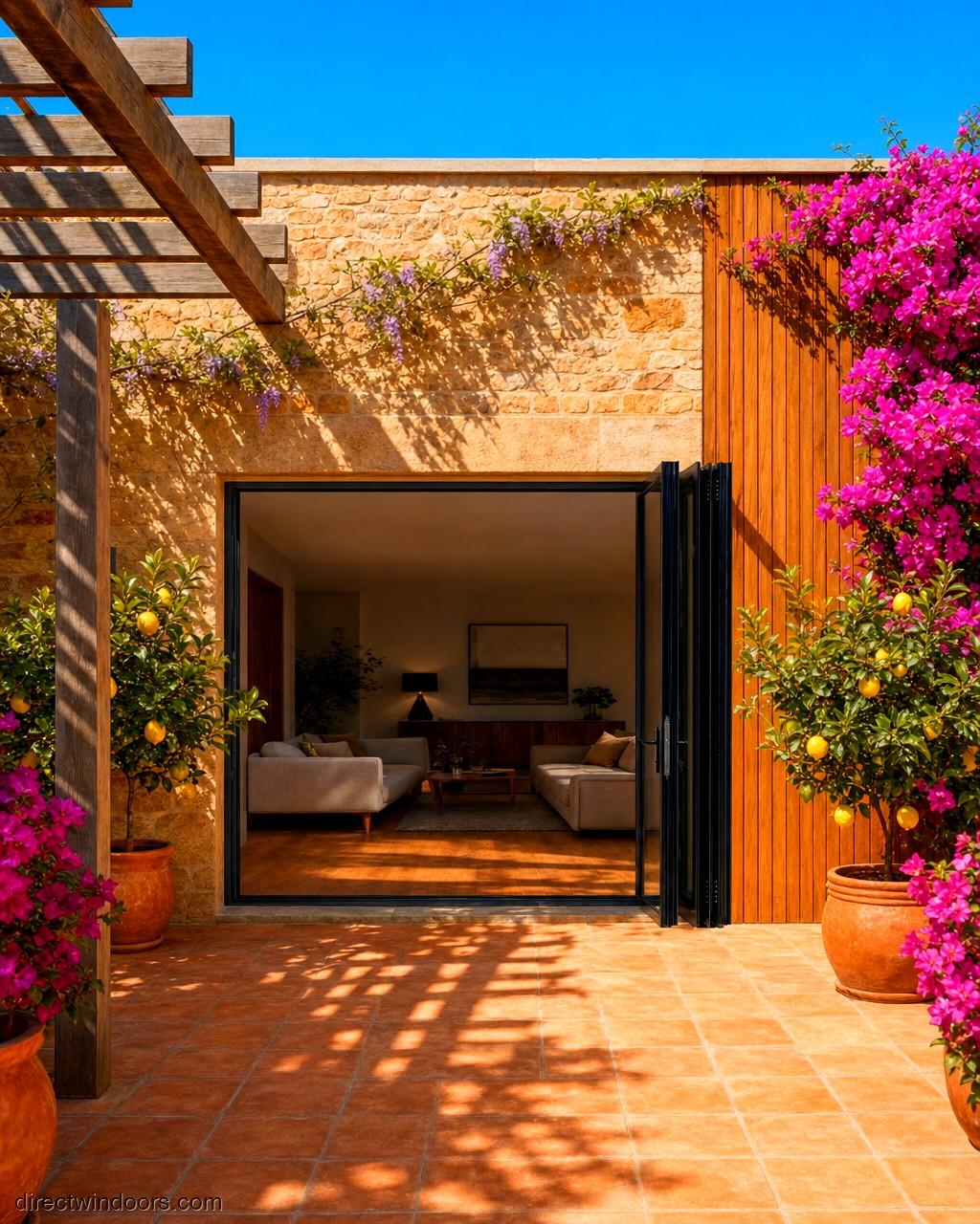 108 inch by 80 inch black aluminum bifold door, right folding, fully open. Room setting shown is illustrative.