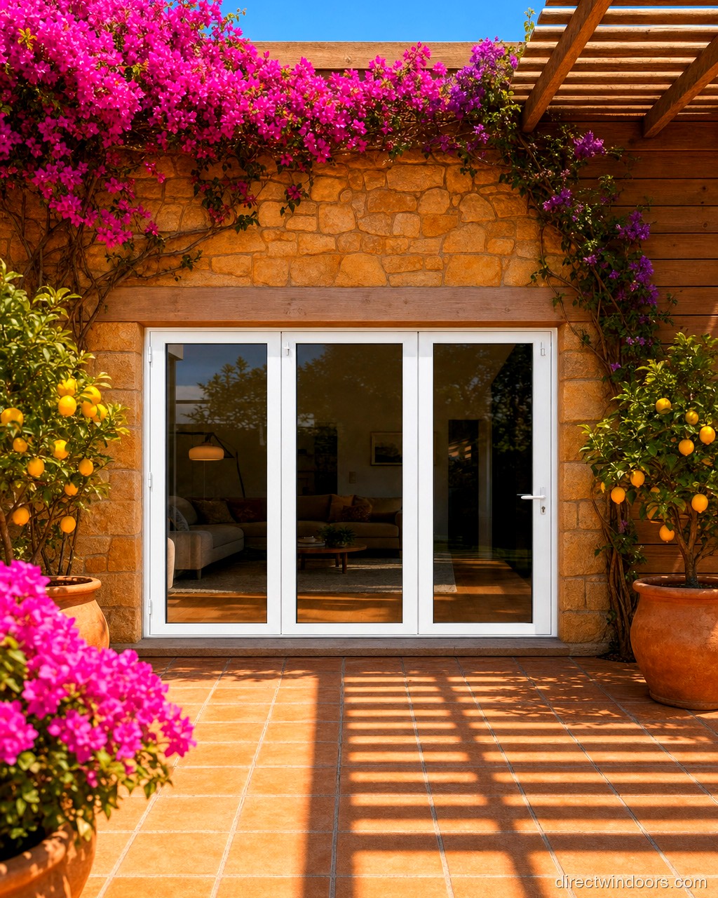 108 inch by 80 inch white aluminum bifold door, left folding, closed. Room setting shown is illustrative.