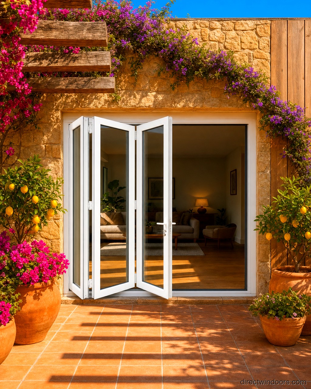108 inch by 80 inch white aluminum bifold door, left folding, half open. Room setting shown is illustrative.