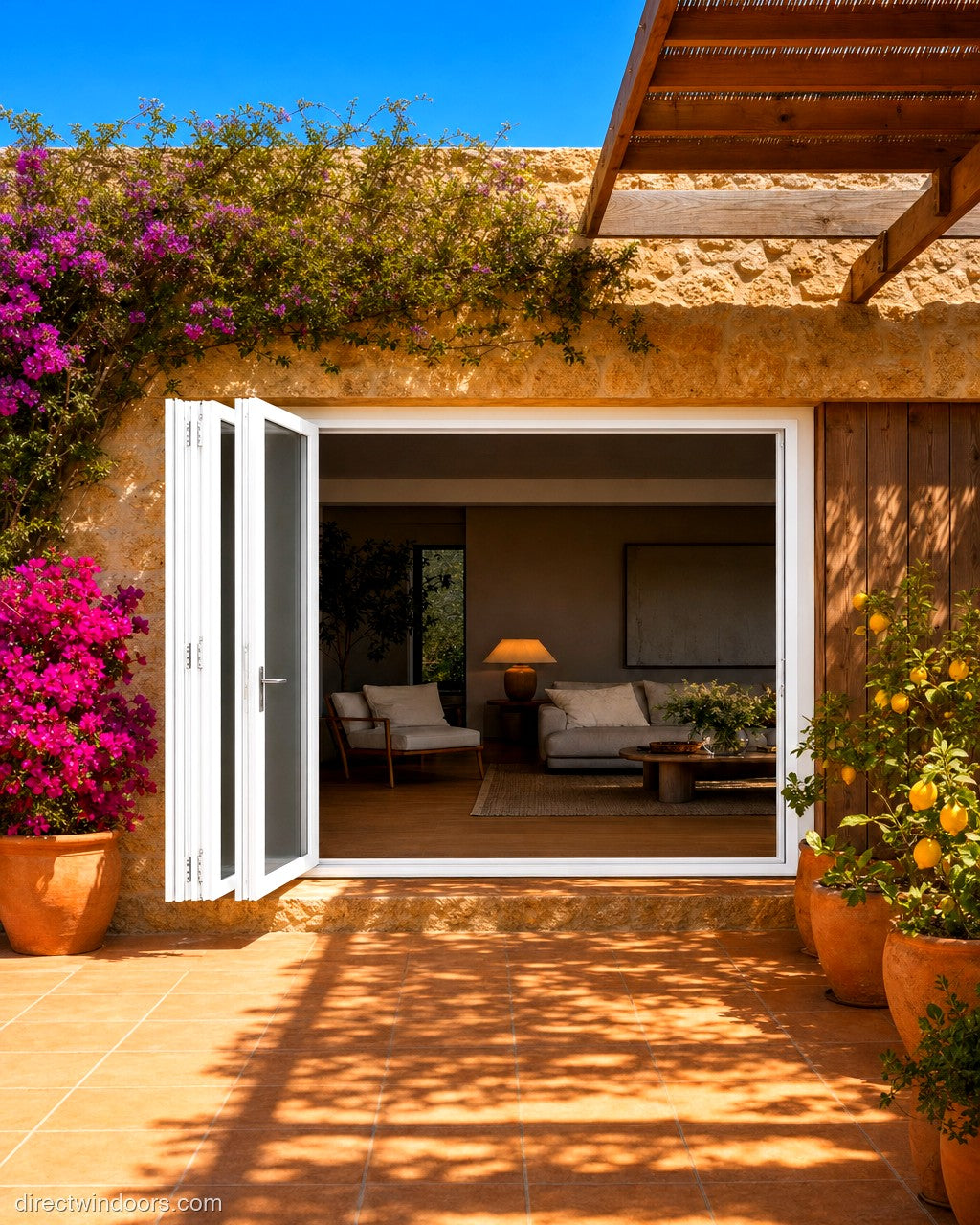 108 inch by 80 inch white aluminum bifold door, left folding, fully open. Room setting shown is illustrative.