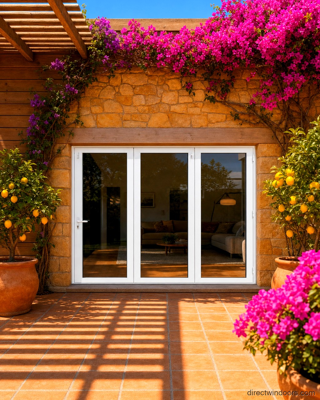 108 inch by 80 inch white aluminum bifold door, right folding, closed. Room setting shown is illustrative.