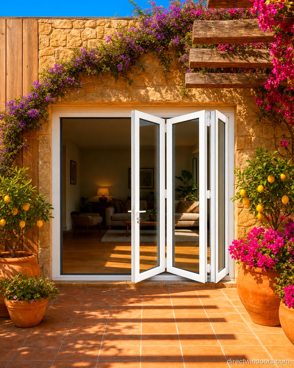 108 inch by 80 inch white aluminum bifold door, right folding, half open. Room setting shown is illustrative.