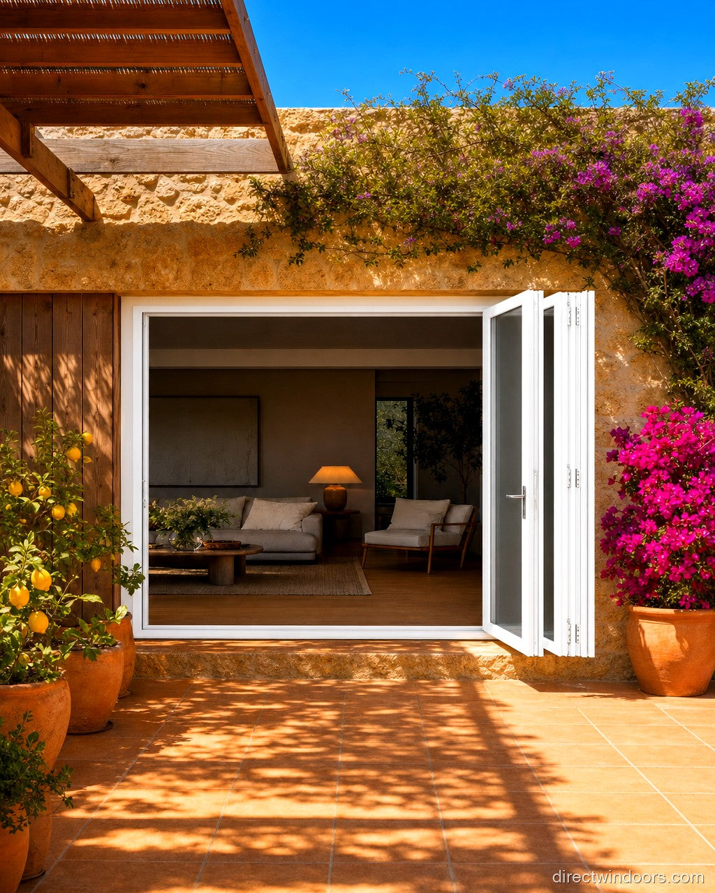 108 inch by 80 inch white aluminum bifold door, right folding, fully open. Room setting shown is illustrative.