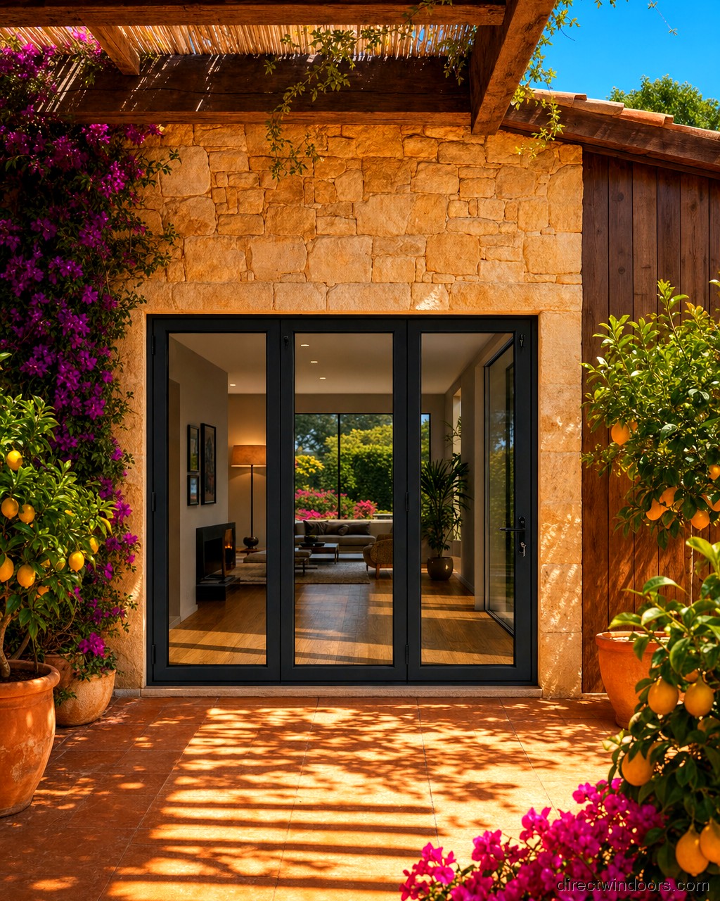 108 inch by 96 inch black aluminum bifold door, left folding, closed. Room setting shown is illustrative.