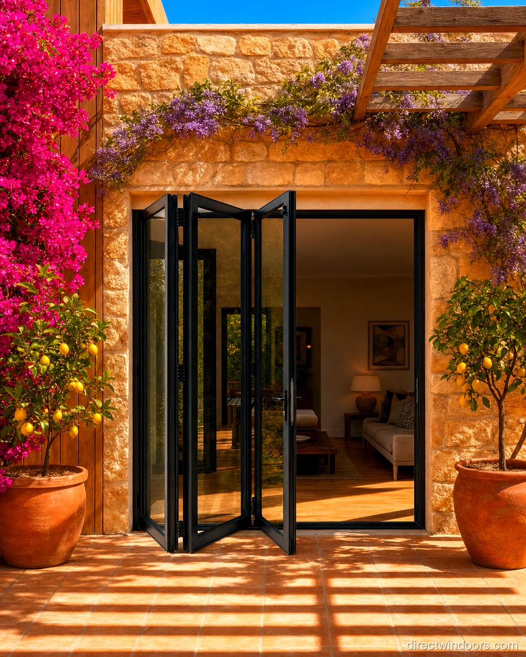 108 inch by 96 inch black aluminum bifold door, left folding, half open. Room setting shown is illustrative.