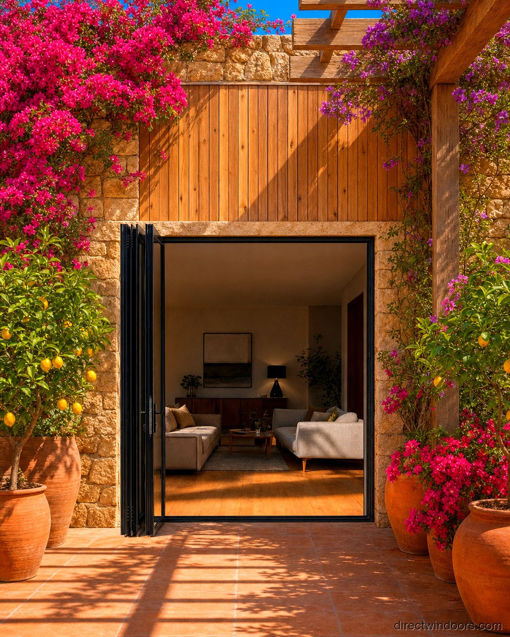 108 inch by 96 inch black aluminum bifold door, left folding, fully open. Room setting shown is illustrative.