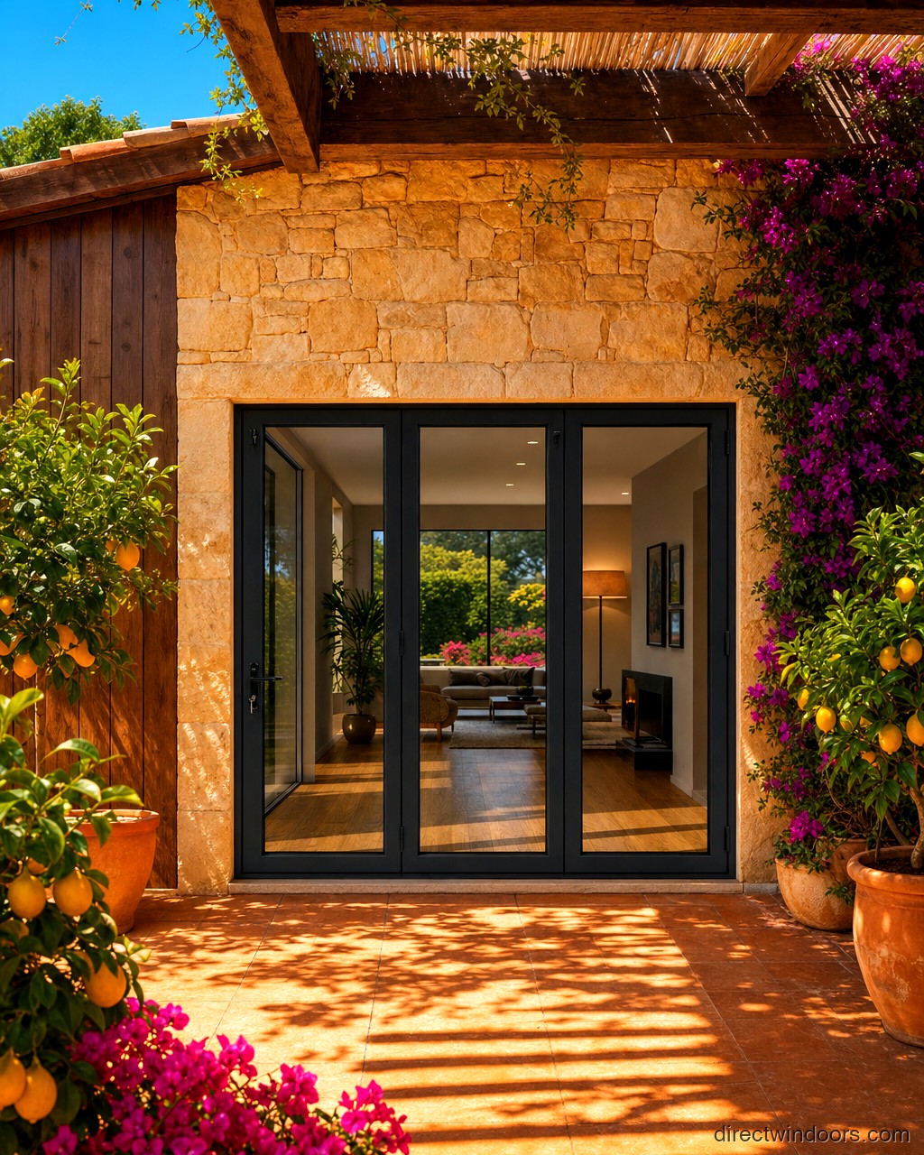 108 inch by 96 inch black aluminum bifold door, right folding, closed. Room setting shown is illustrative.