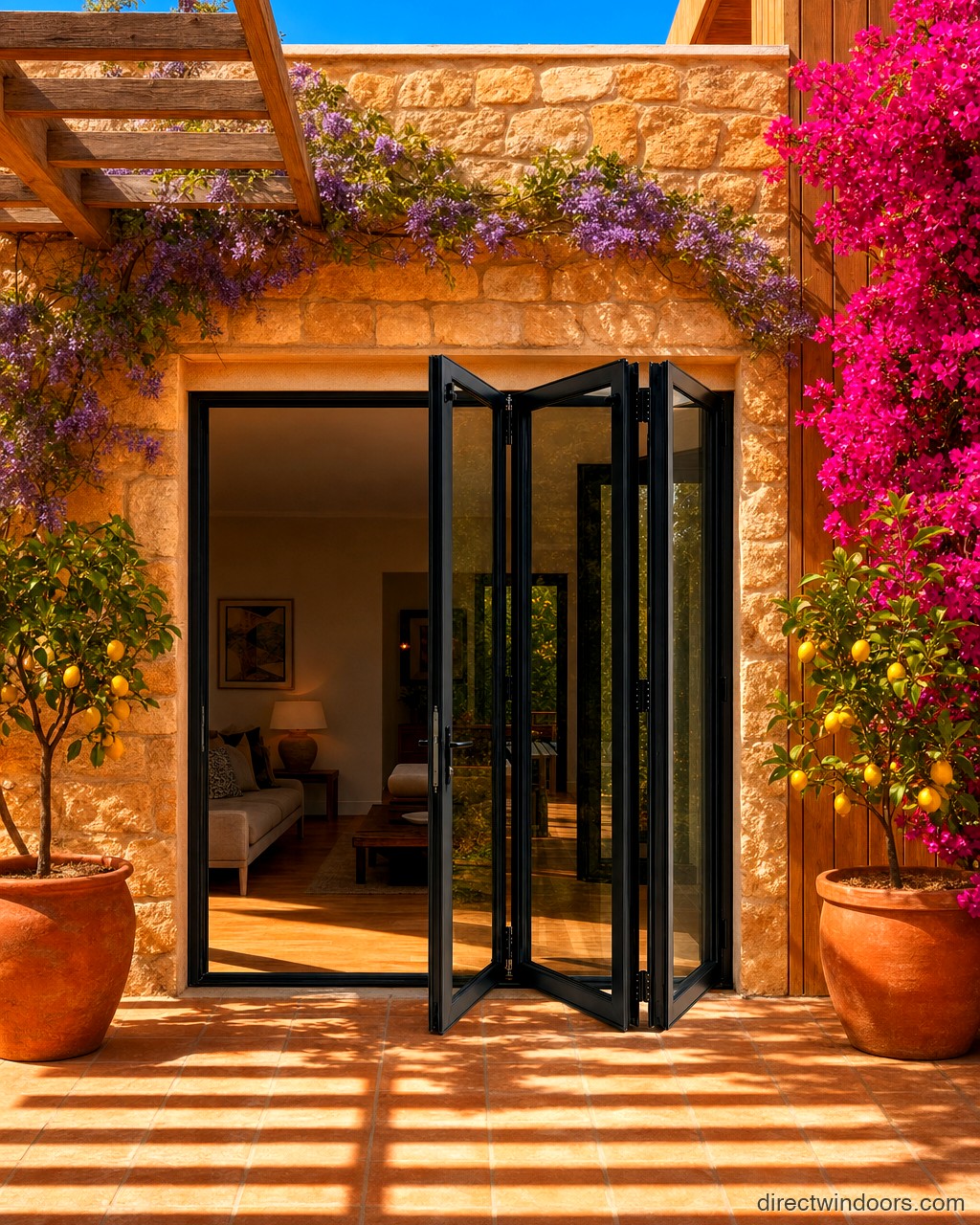 108 inch by 96 inch black aluminum bifold door, right folding, half open. Room setting shown is illustrative.