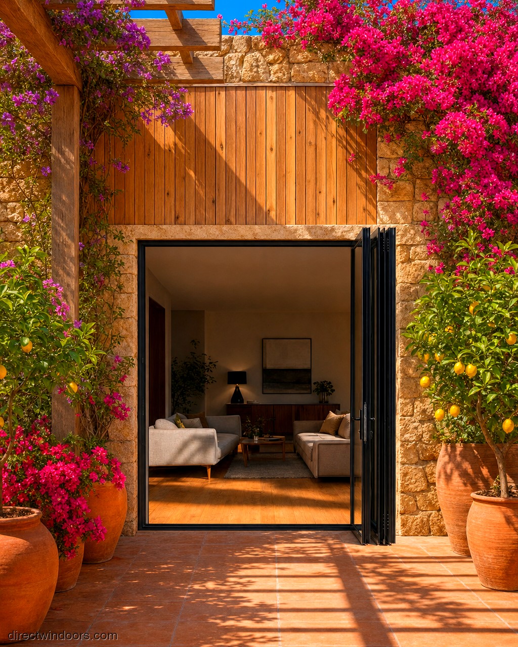 108 inch by 96 inch black aluminum bifold door, right folding, fully open. Room setting shown is illustrative.