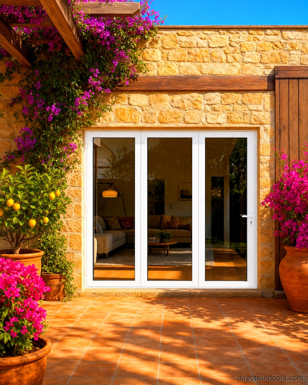 108 inch by 96 inch white aluminum bifold door, left folding, closed. Room setting shown is illustrative.