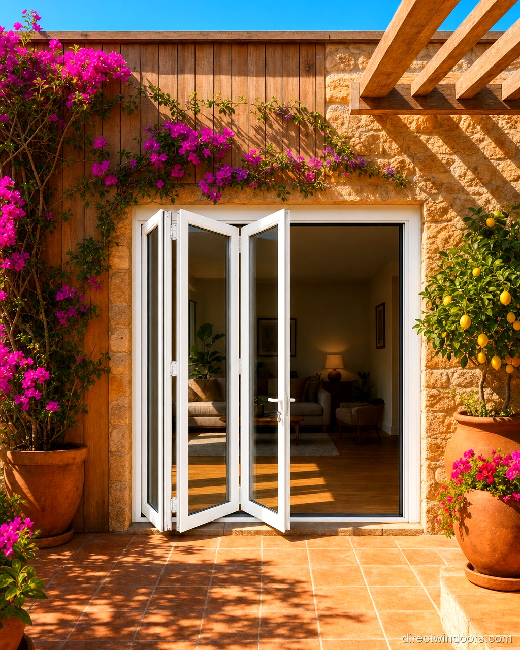 108 inch by 96 inch white aluminum bifold door, left folding, half open. Room setting shown is illustrative.