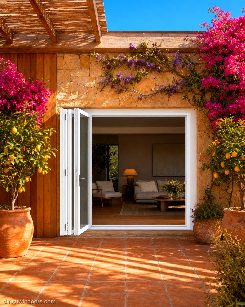 108 inch by 96 inch white aluminum bifold door, left folding, fully open. Room setting shown is illustrative.