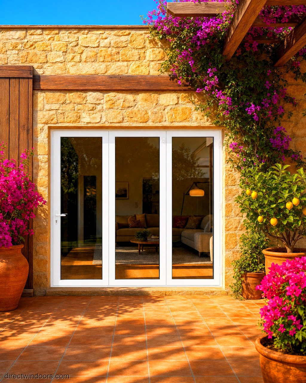 108 inch by 96 inch white aluminum bifold door, right folding, closed. Room setting shown is illustrative.