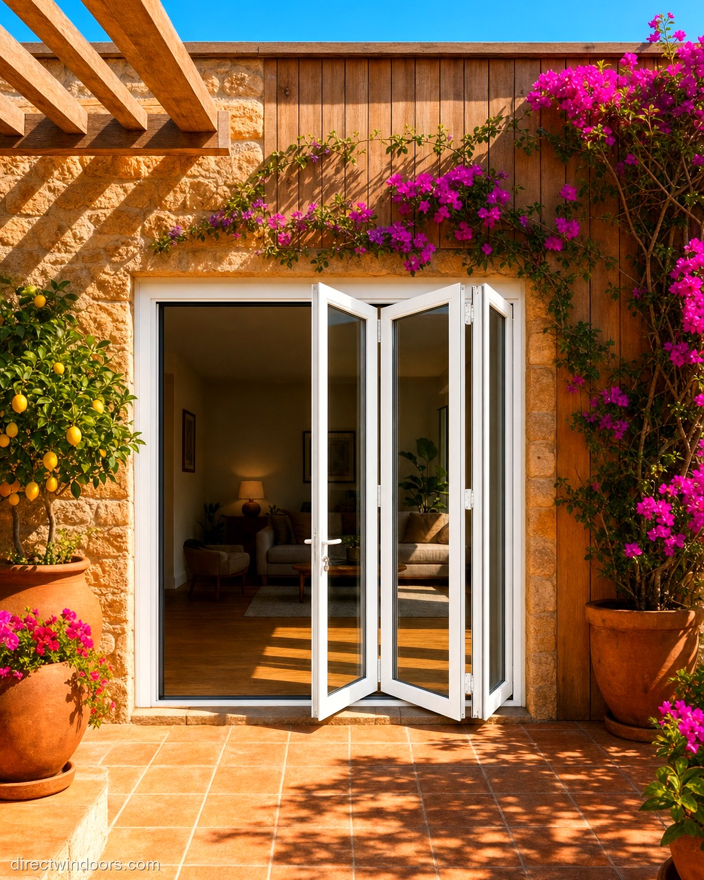 108 inch by 96 inch white aluminum bifold door, right folding, half open. Room setting shown is illustrative.