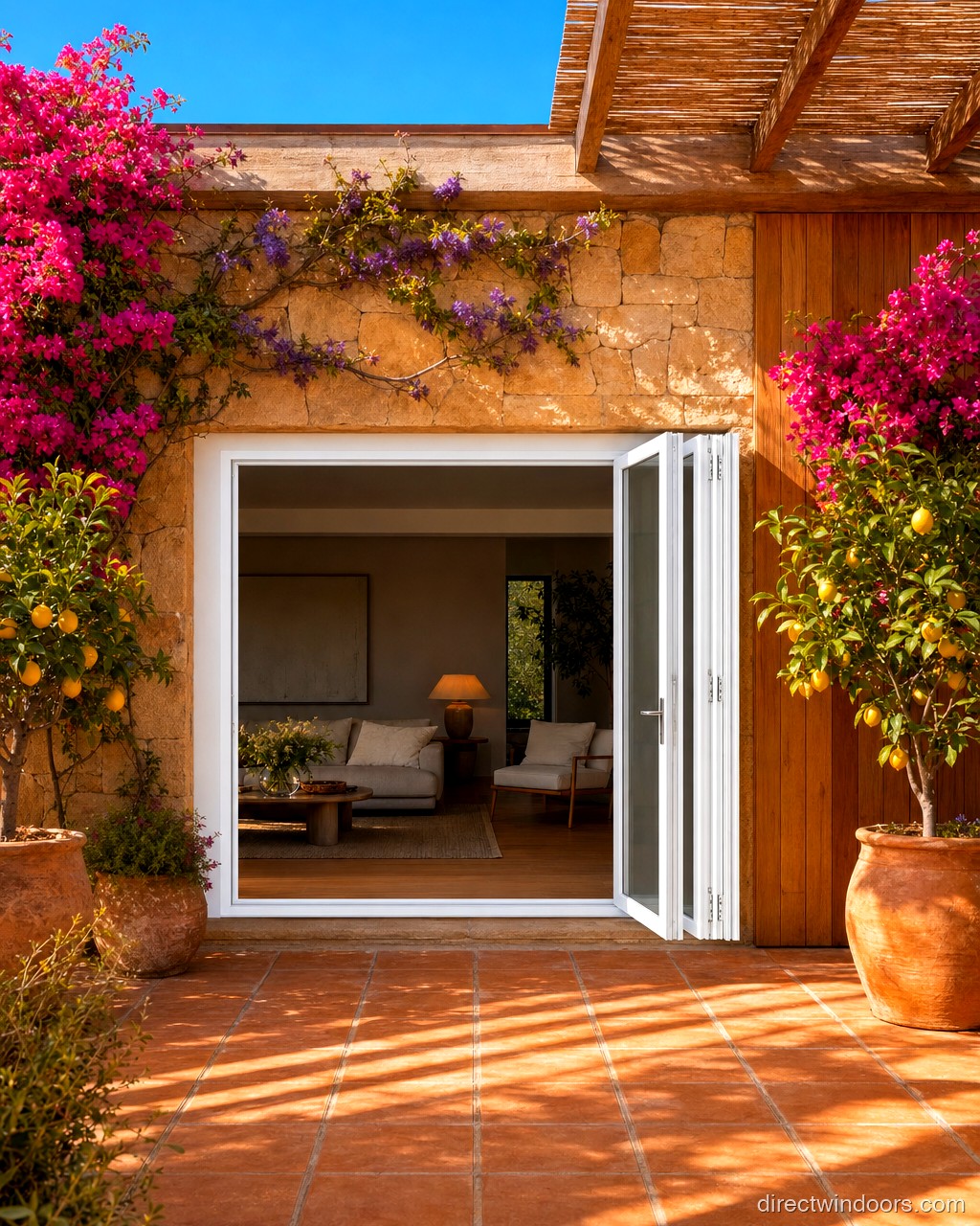 108 inch by 96 inch white aluminum bifold door, right folding, fully open. Room setting shown is illustrative.