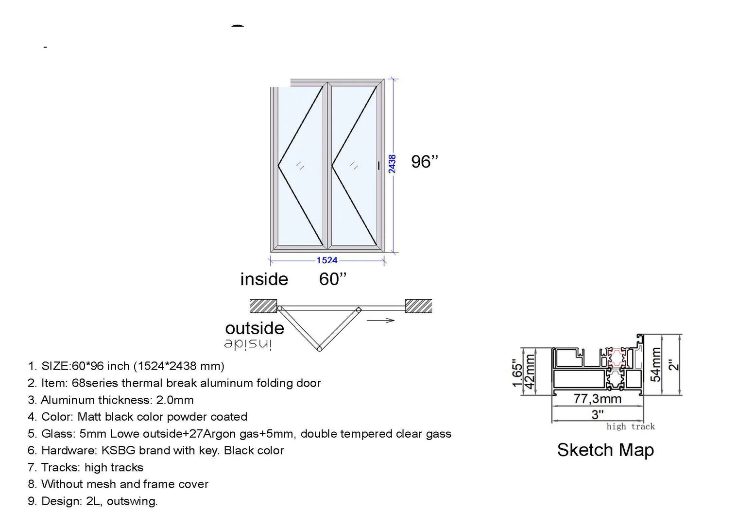 60" x96 " Custom Energy Efficient Aluminum Bifold Door — Direct WinDoors