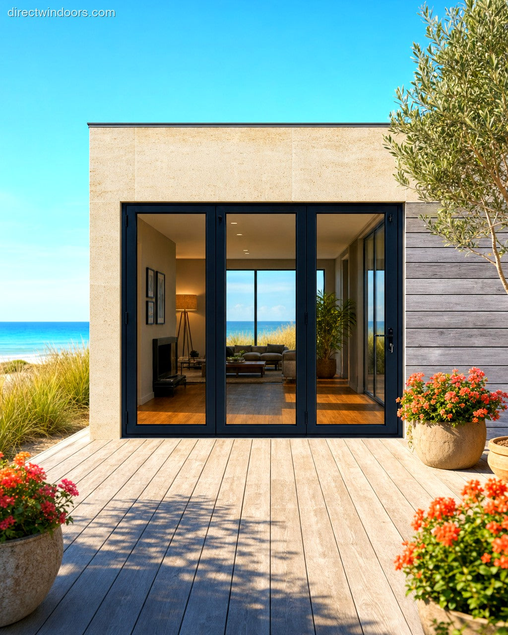 120 inch by 80 inch black aluminum bifold door, 3 panel Left folding, closed. Room setting shown is illustrative.