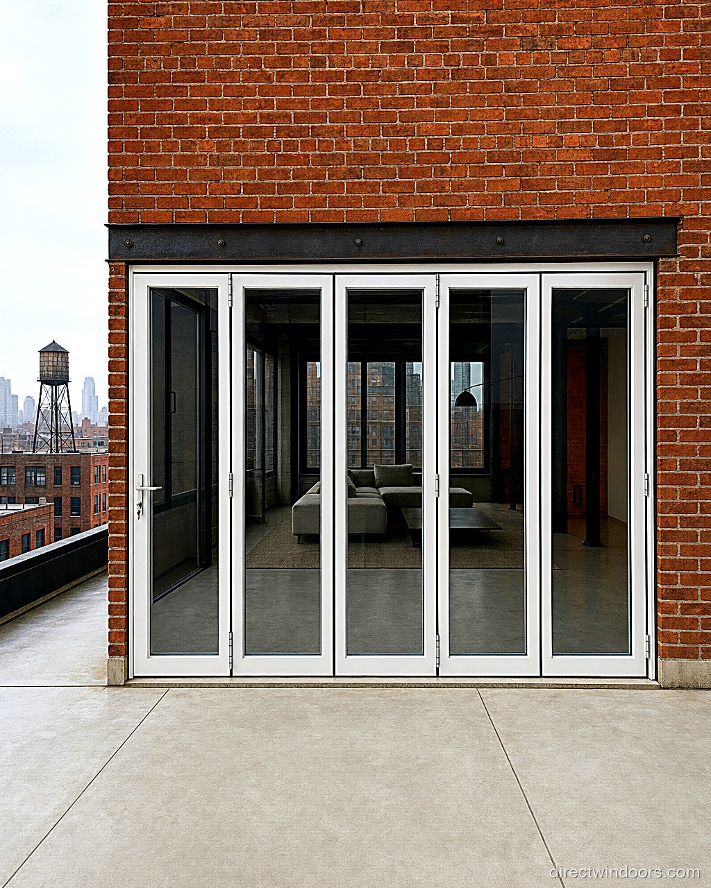 144 inch by 80 inch white aluminum bifold door, 5 panel Right folding, closed. Room setting shown is illustrative.
