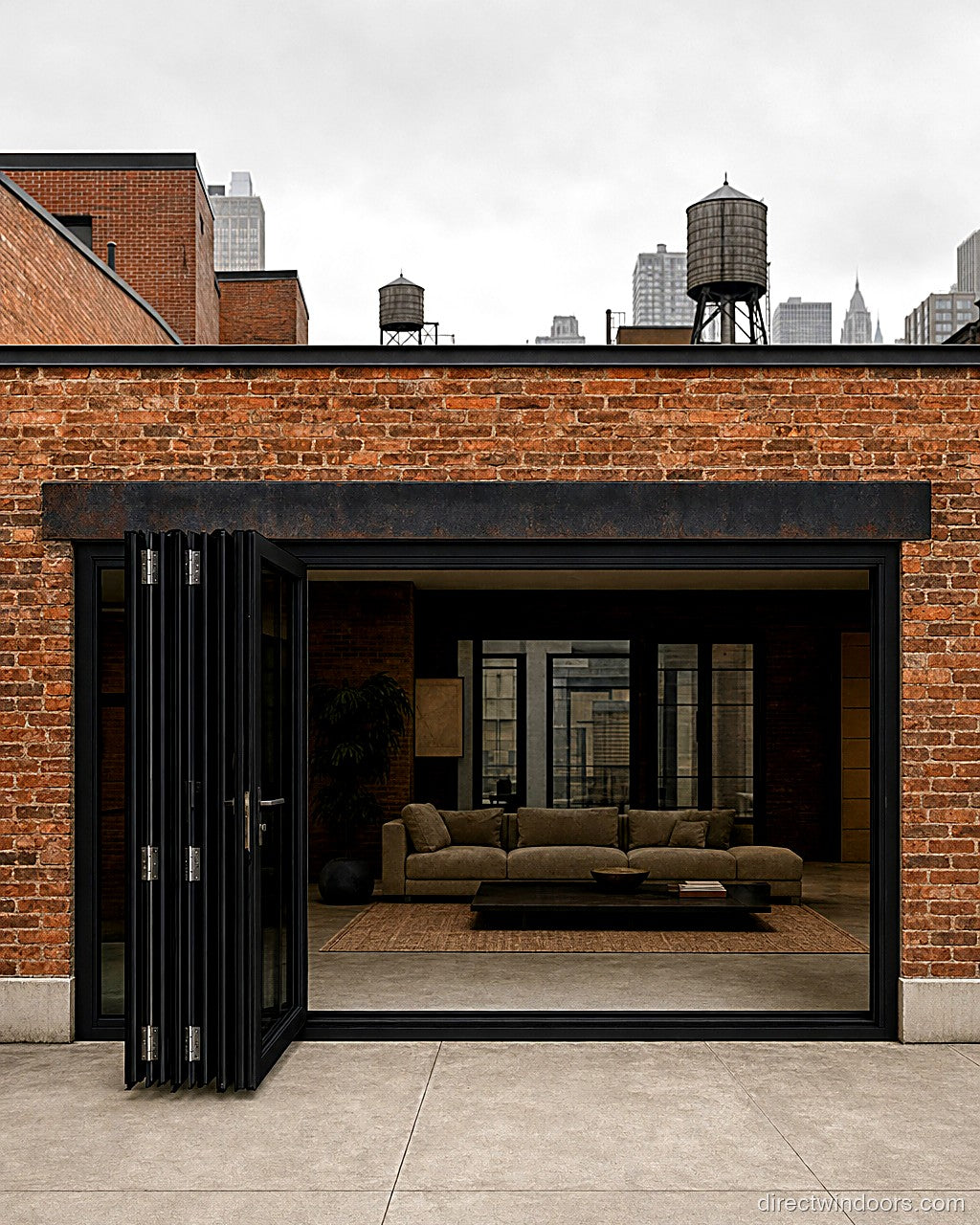 144 inch by 96 inch black aluminum bifold door, 5 panel Left folding, fully open. Room setting shown is illustrative.