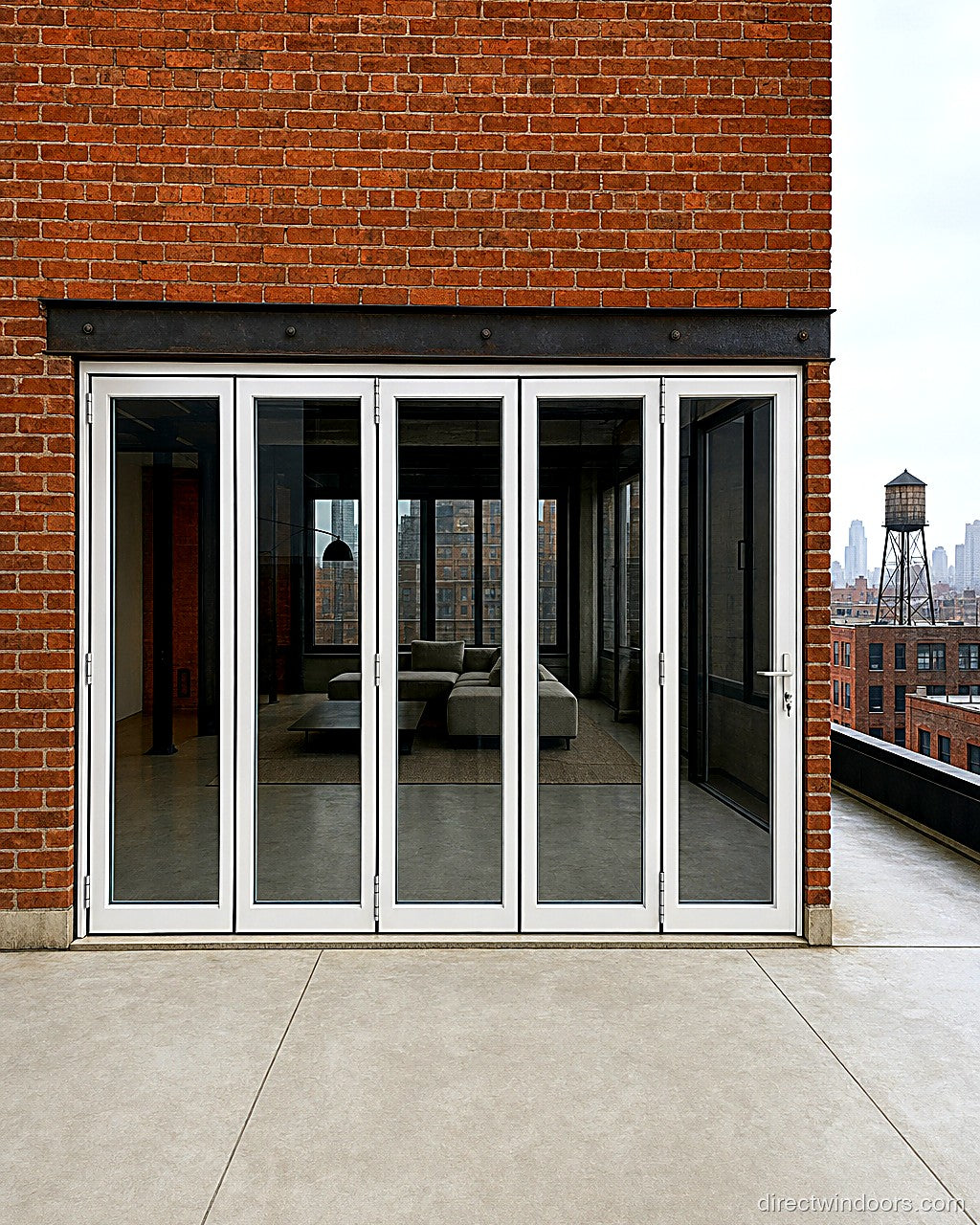 144 inch by 96 inch white aluminum bifold door, 5 panel Left folding, closed. Room setting shown is illustrative.
