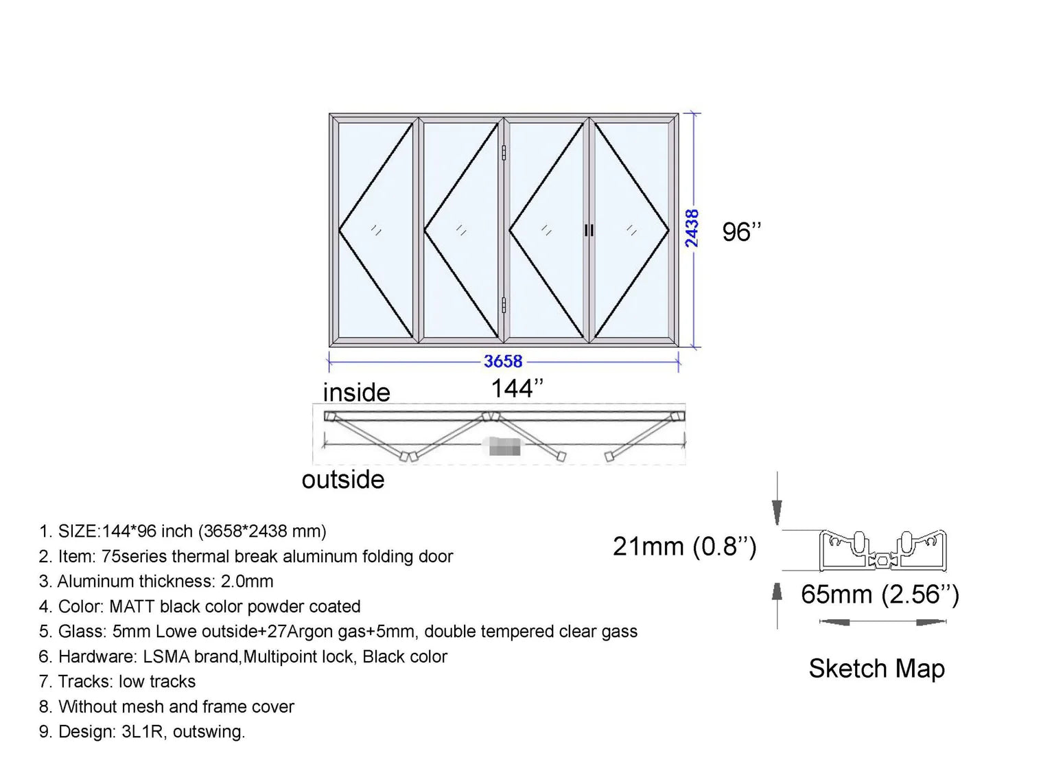 144" x 96" Custom Energy-Efficient Aluminum Bifold Door — Direct WinDoors