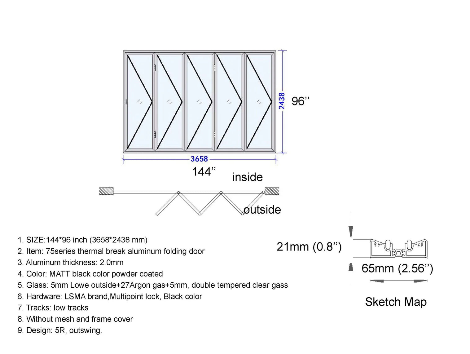 144" x 96" Custom Energy-Efficient Aluminum Bifold Door — Direct WinDoors