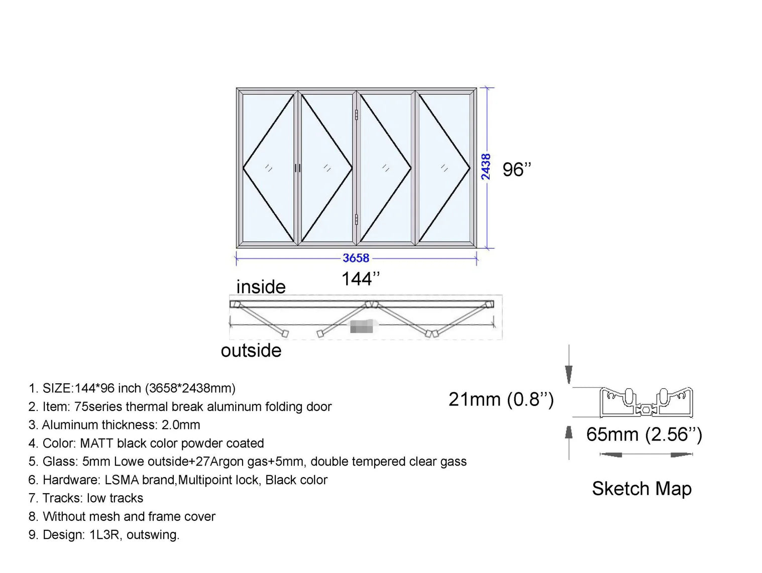 144" x 96" Custom Energy-Efficient Aluminum Bifold Door — Direct WinDoors