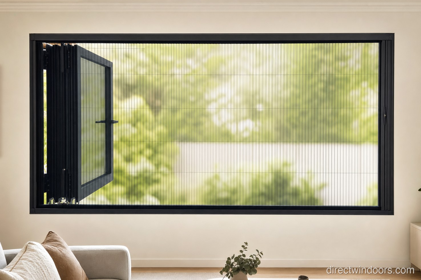 36x48 Custom Aluminum Retractable Screen Window — living room with deployed pleated screens