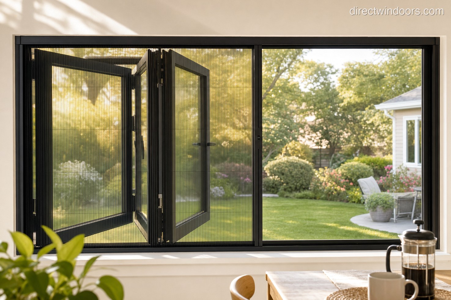 36x48 Custom Aluminum Retractable Screen Window — sunroom with partial deployment
