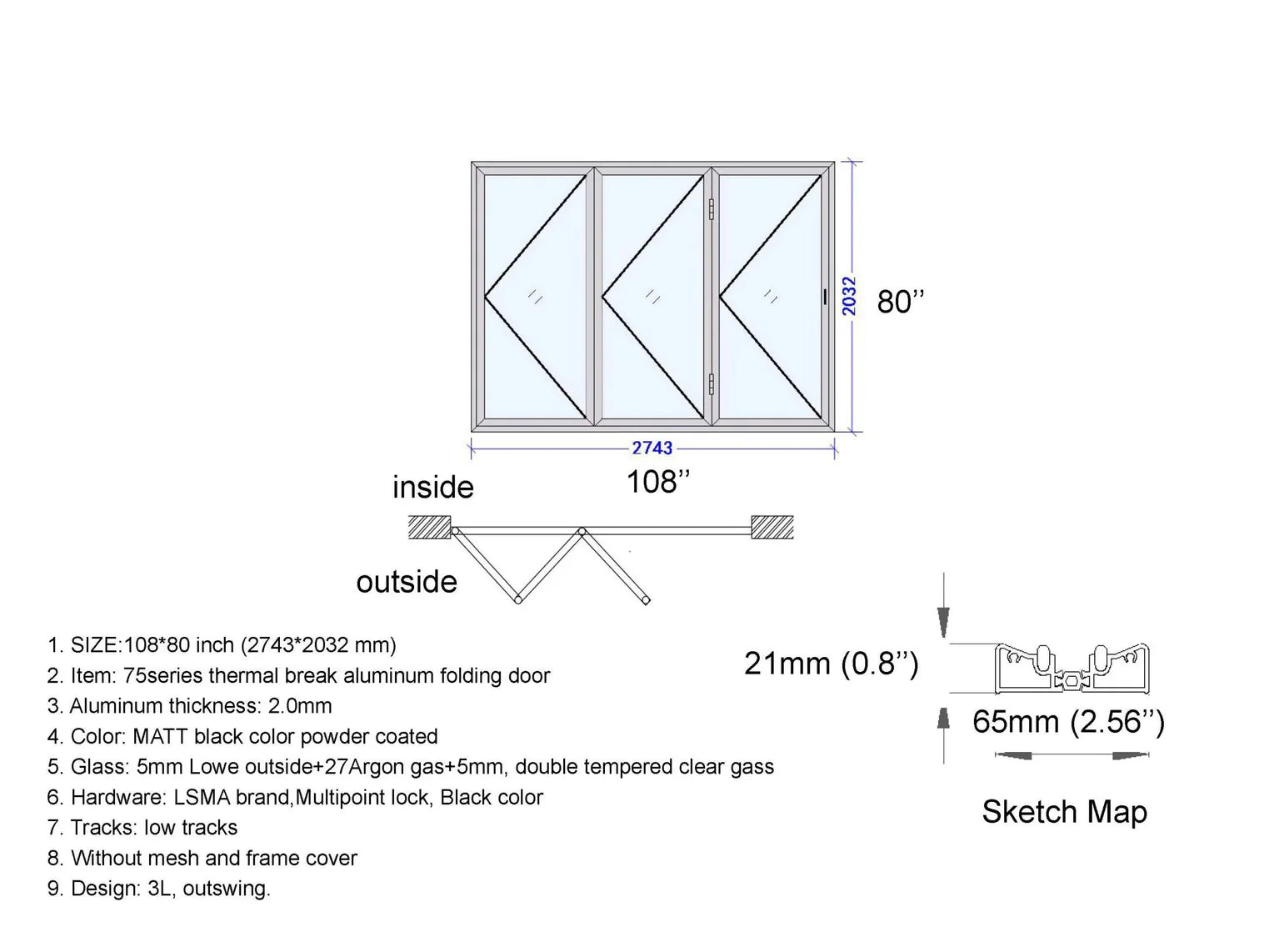 108" x 80" Custom Energy Efficient Aluminum Bifold Door — Direct WinDoors