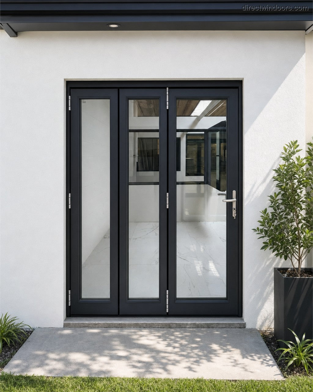 72x80 aluminum bifold door, black, left opening, closed, exterior view