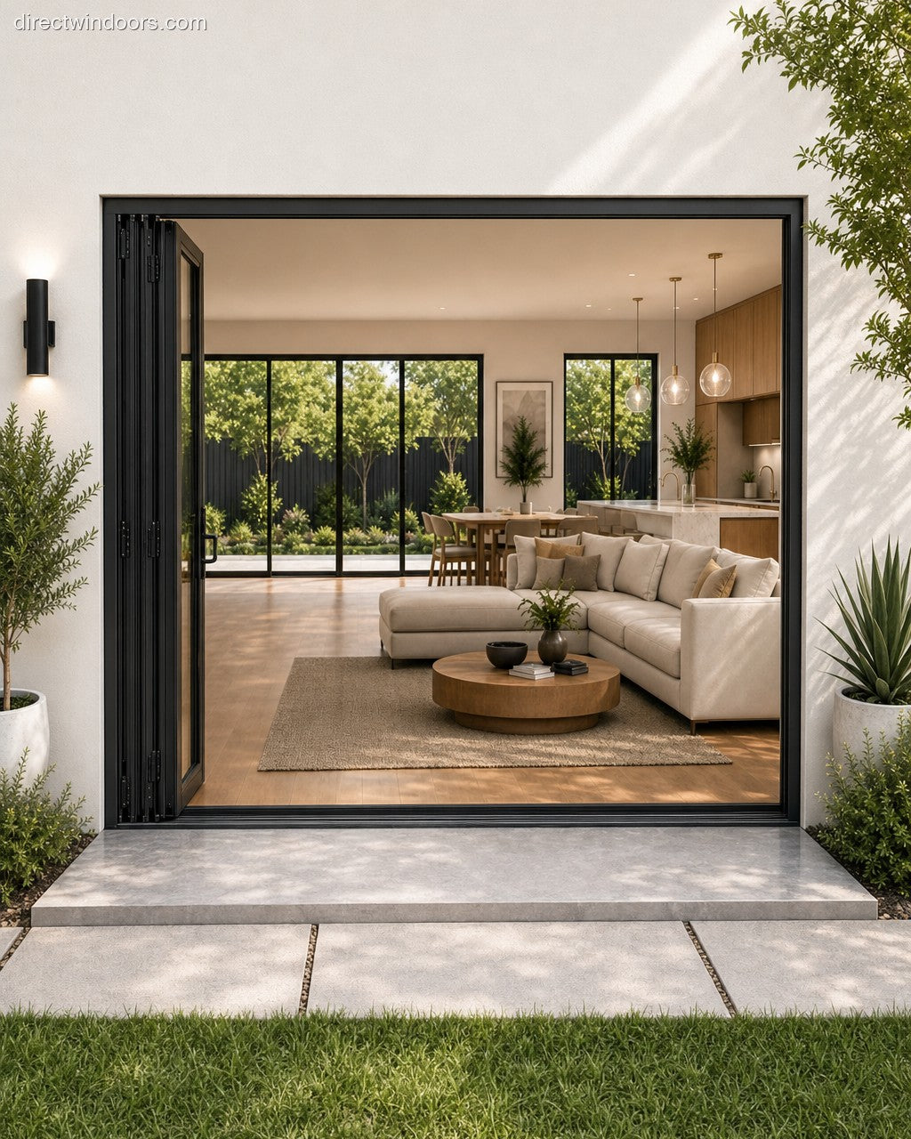 72x80 aluminum bifold door, black, left opening, open, exterior view