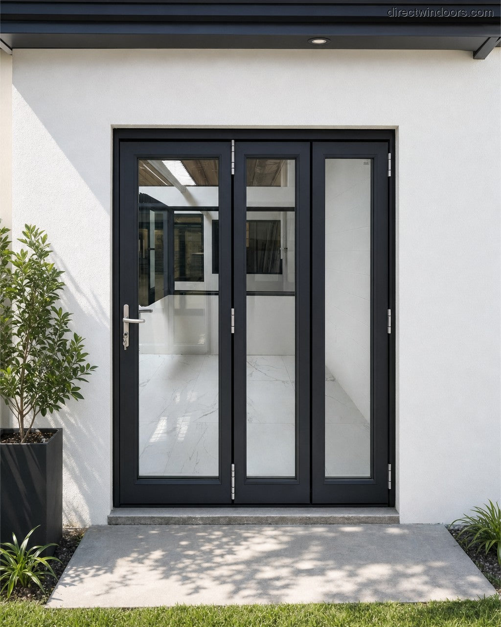 72x80 aluminum bifold door, black, right opening, closed, exterior view