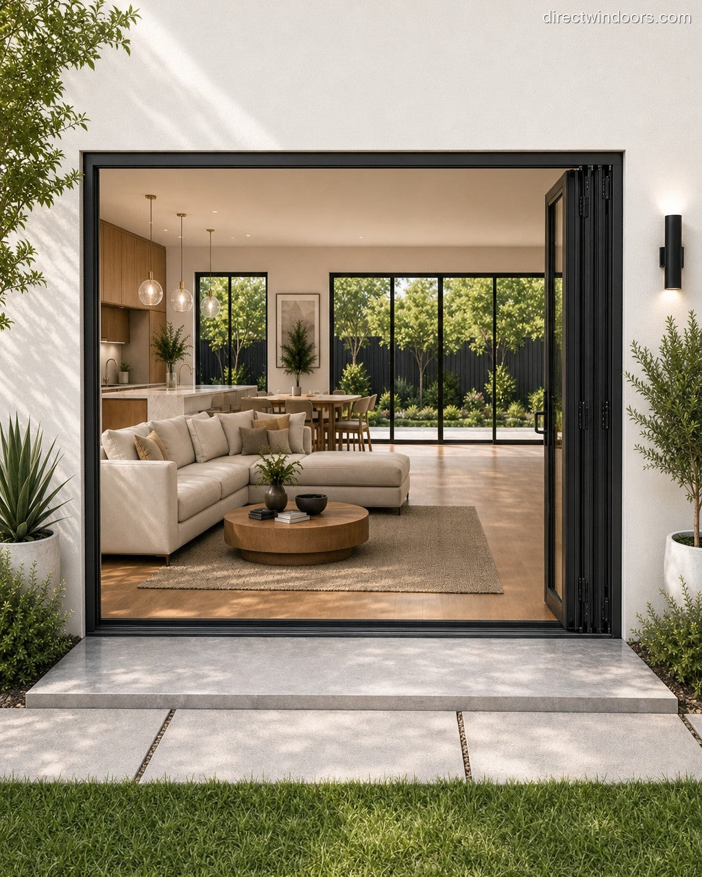 72x80 aluminum bifold door, black, right opening, open, exterior view
