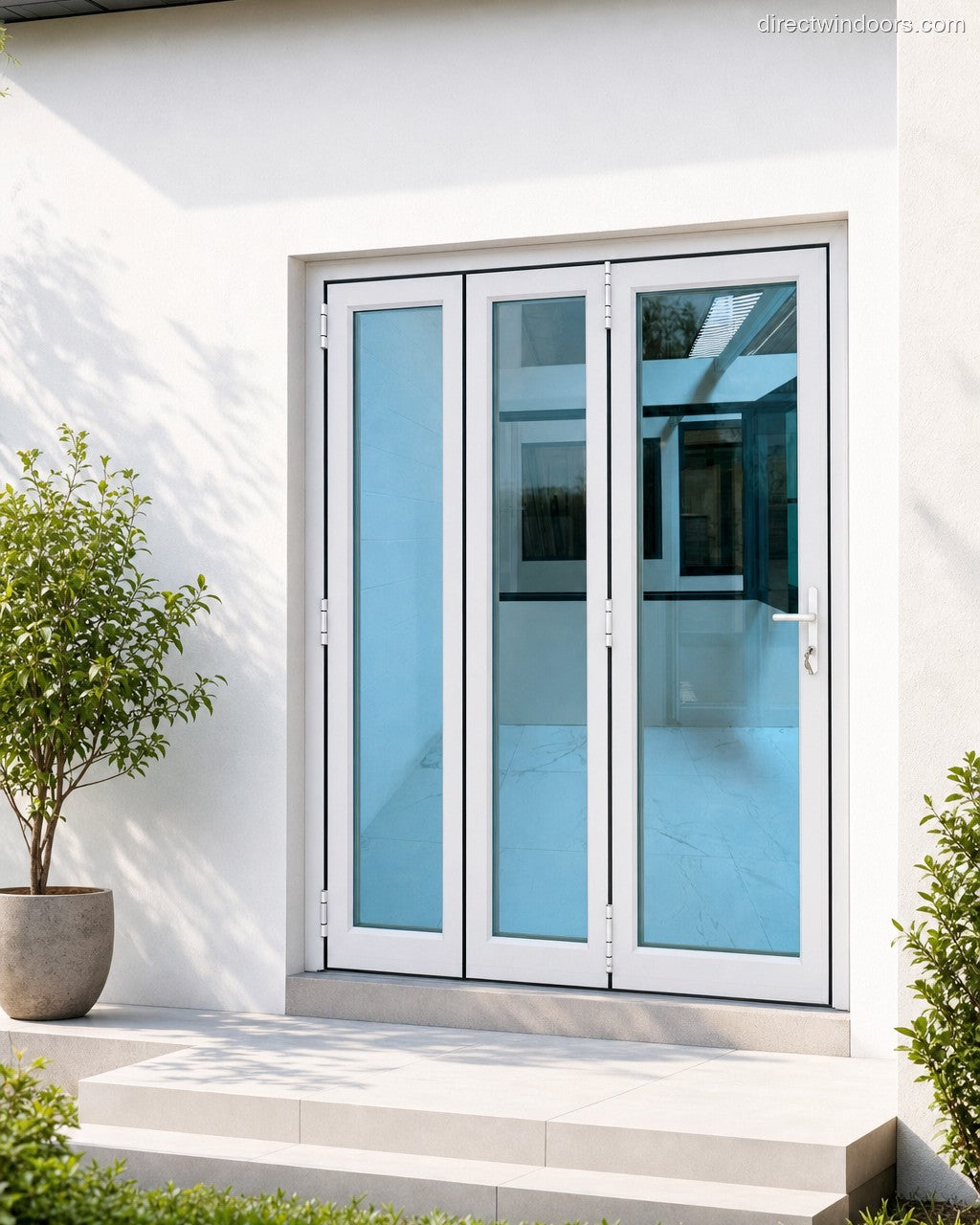 72x80 aluminum bifold door, white, left opening, closed, exterior view