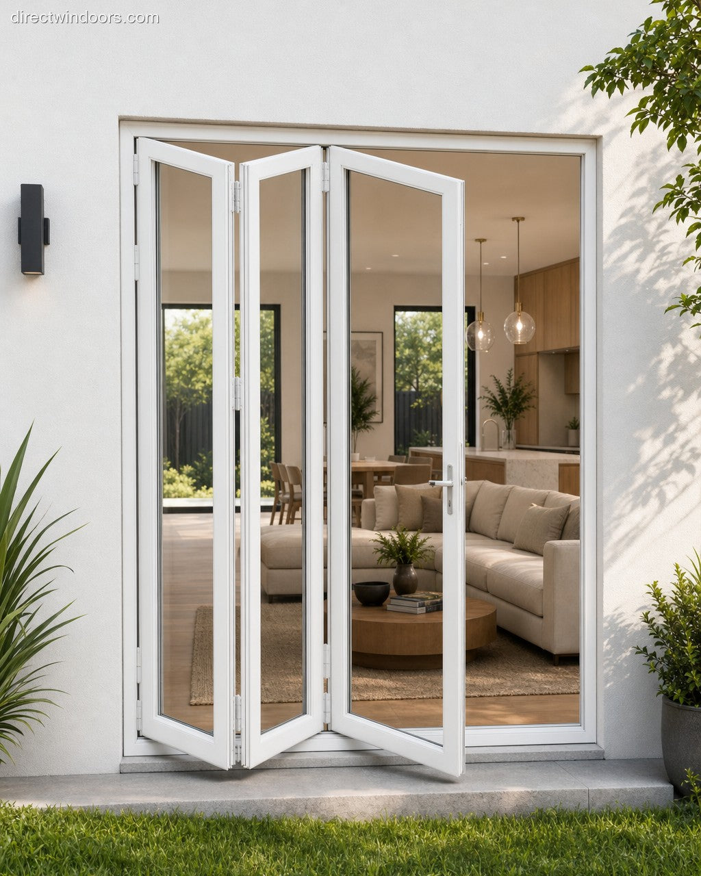 72x80 aluminum bifold door, white, left opening, halfopen, exterior view