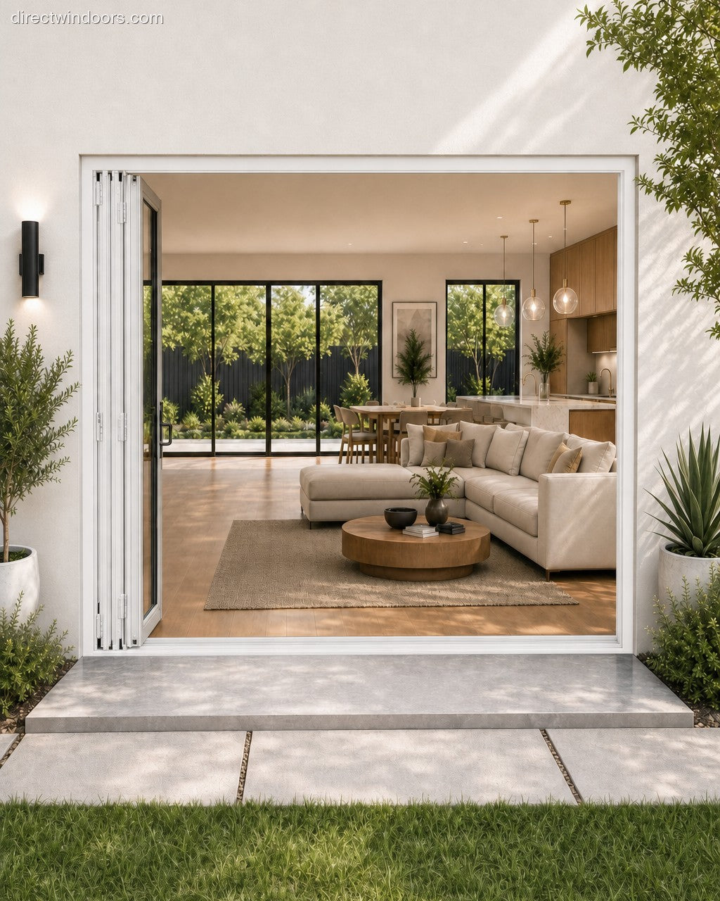 72x80 aluminum bifold door, white, left opening, open, exterior view