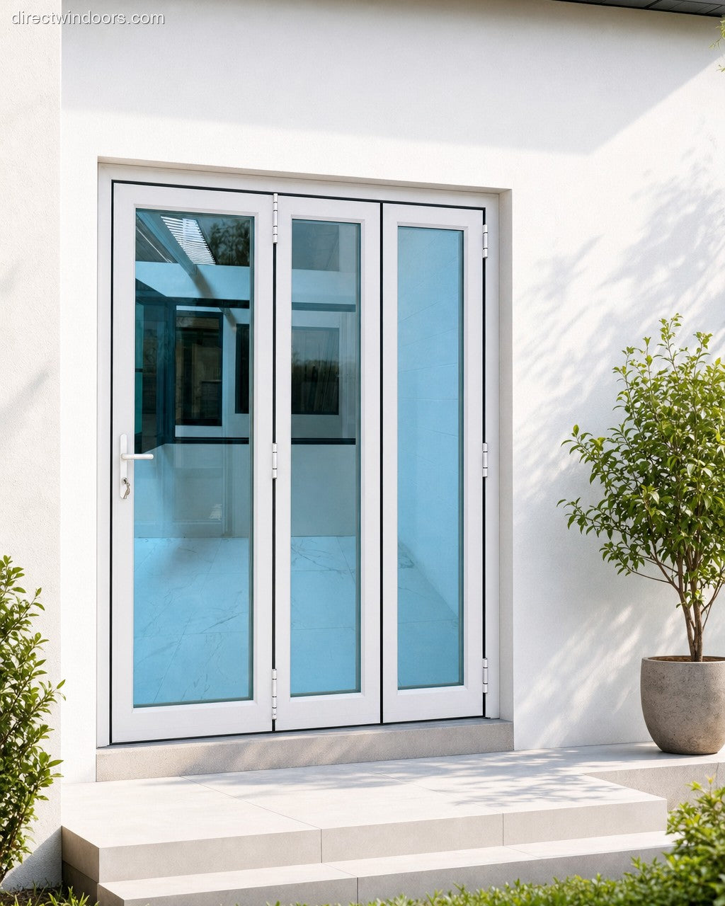 72x80 aluminum bifold door, white, right opening, closed, exterior view