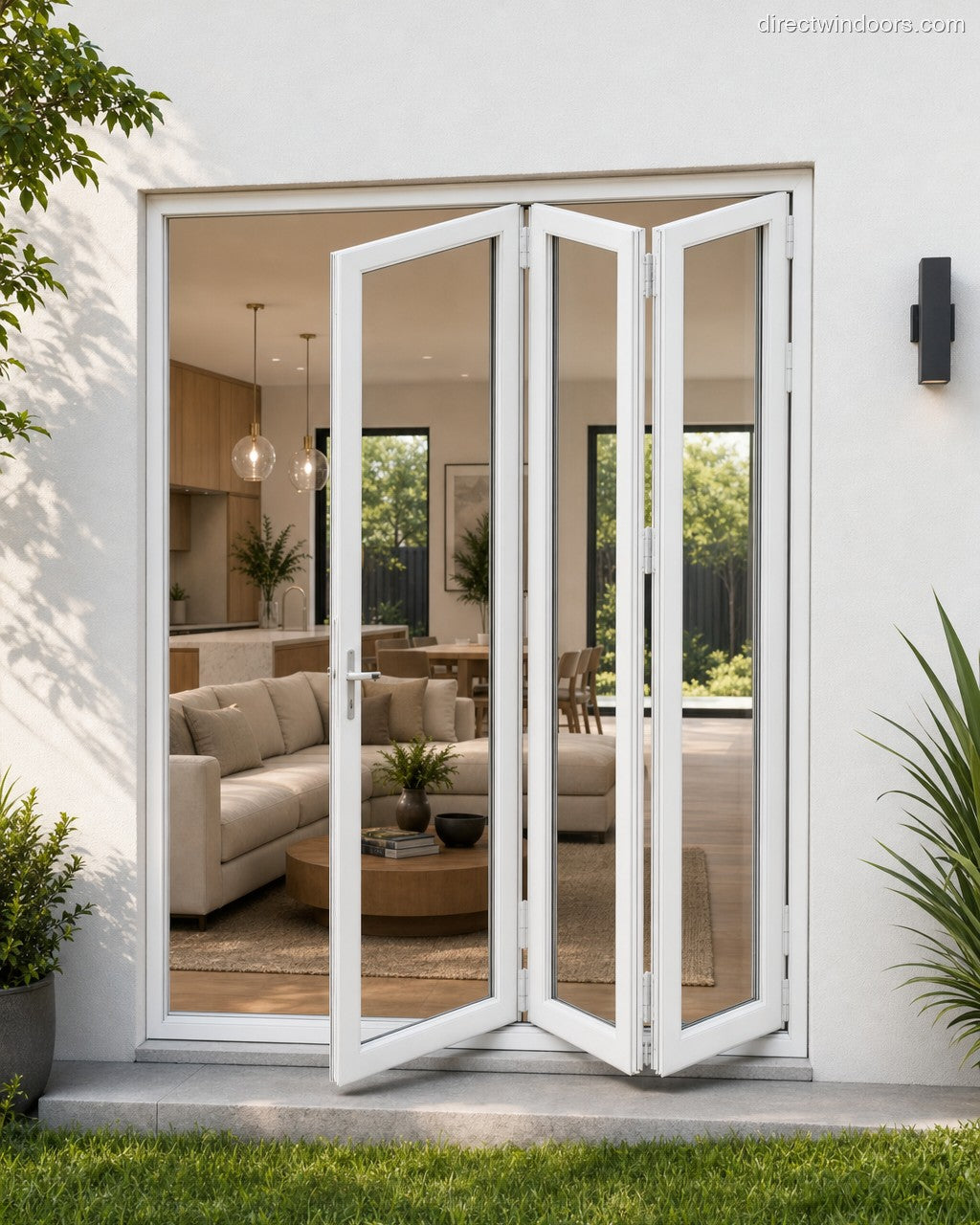 72x80 aluminum bifold door, white, right opening, halfopen, exterior view
