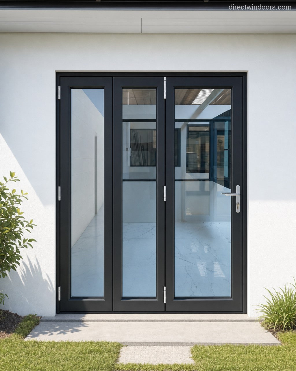 72x96 aluminum bifold door, black, left opening, closed, exterior view