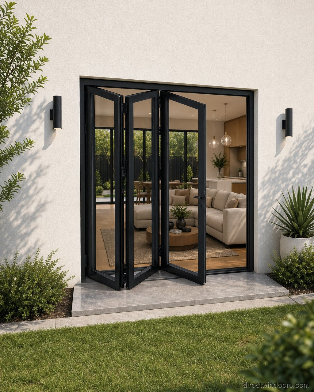72x96 aluminum bifold door, black, left opening, halfopen, exterior view