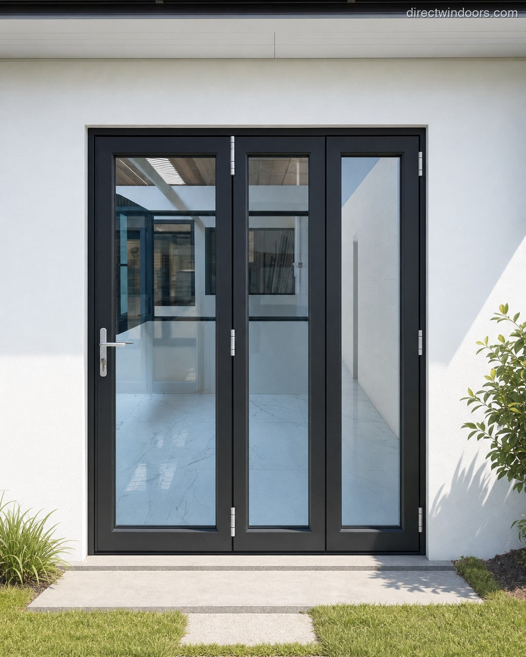 72x96 aluminum bifold door, black, right opening, closed, exterior view