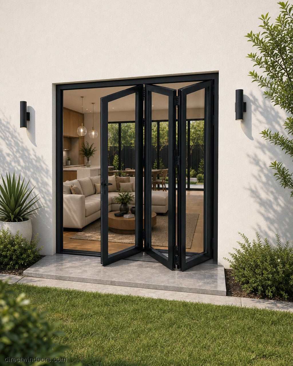72x96 aluminum bifold door, black, right opening, halfopen, exterior view