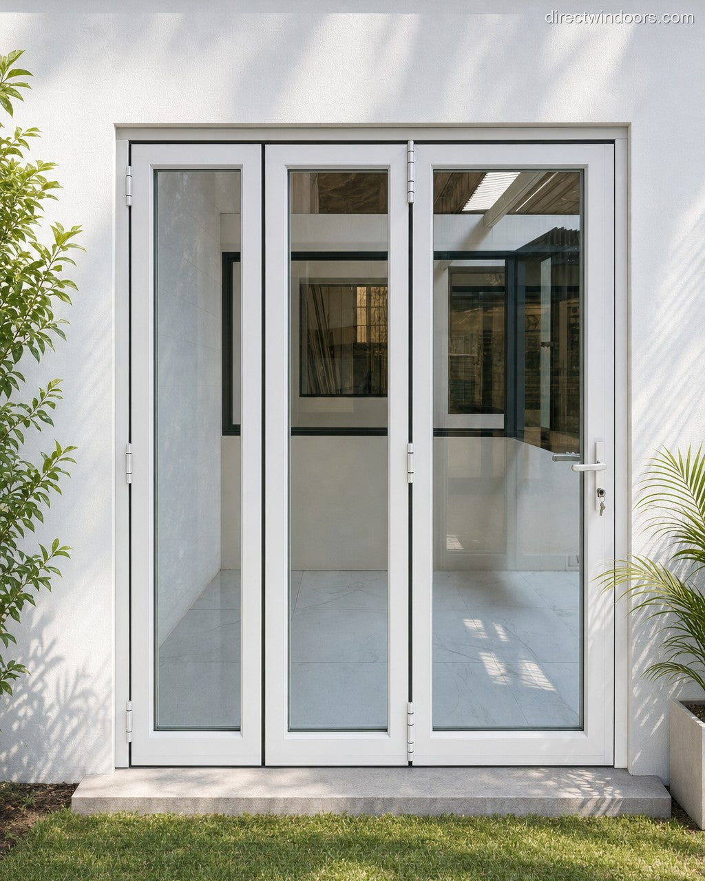 72x96 aluminum bifold door, white, left opening, closed, exterior view