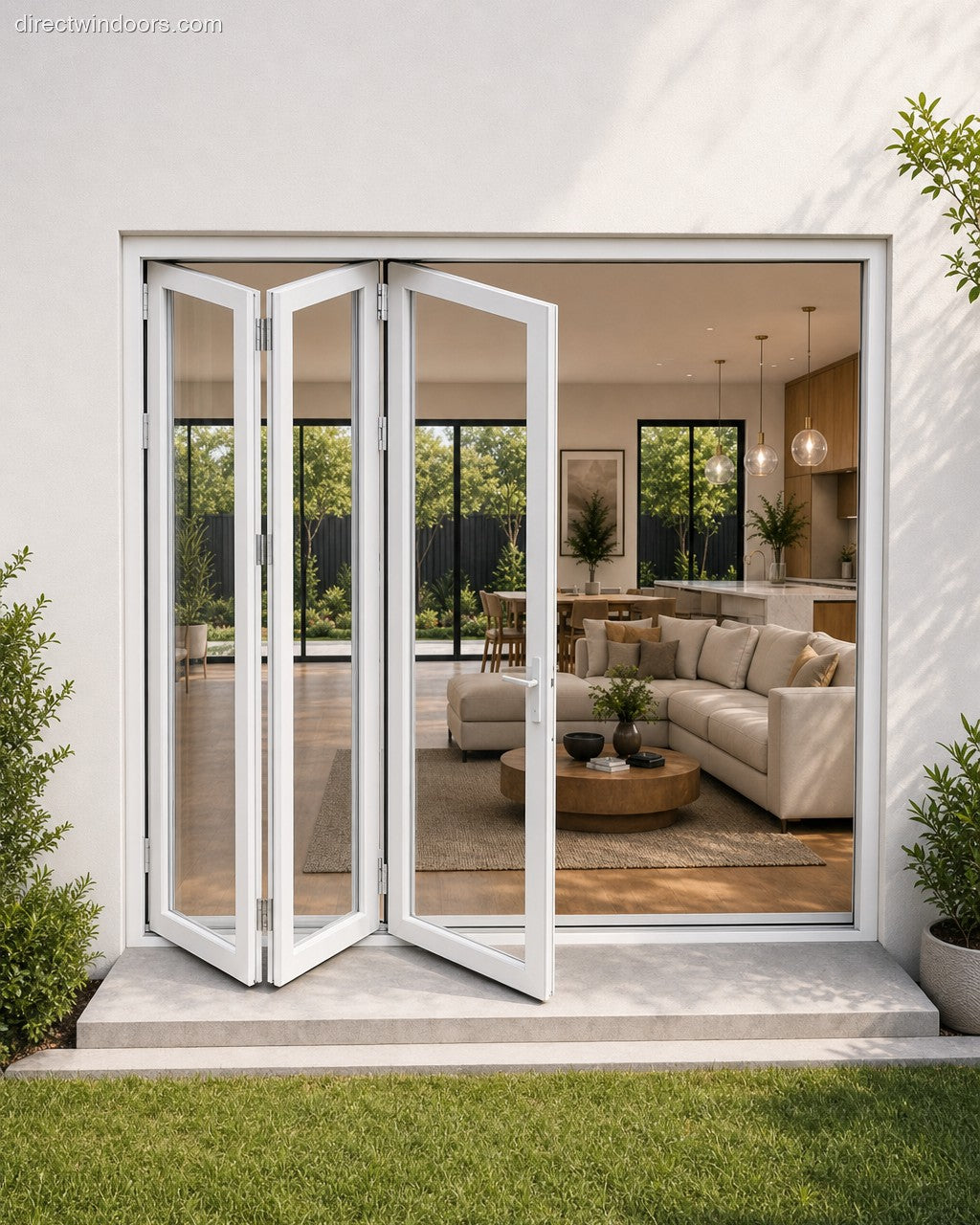 72x96 aluminum bifold door, white, left opening, halfopen, exterior view
